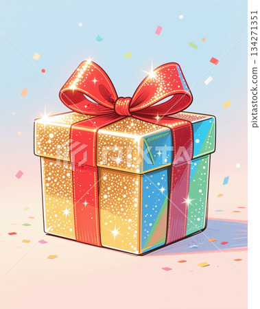 Colorful gift box with red bow, confetti, celebration, festive atmosphere. 134271351