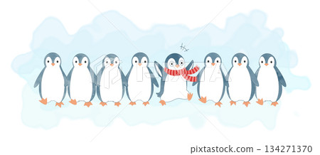 一幅幽默的插圖，描繪了一群企鵝並排站著。 134271370