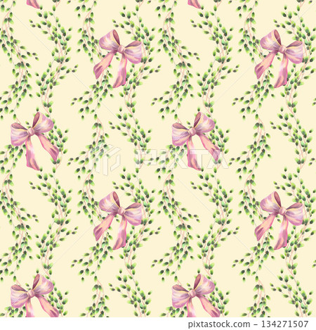 Seamless watercolor pattern of vertical rows of willows branches and bows on a beige background. For fabric, wallpaper, packing paper, greeting cards, design, decoration and illustration. Seamless watercolor pattern of vertical rows of willows branches and bows on a beige background. For fabric, wallpaper, packing paper, greeting cards, design, decoration and illustration. 134271507