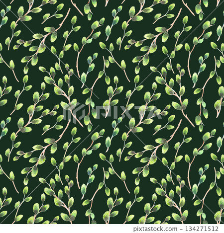 Seamless pattern of willow branches on a green background. Watercolor illustration. For fabric, wallpaper, packing paper, greeting cards, design, decoration and illustration. Seamless pattern of willow branches on a green background. Watercolor illustration. For fabric, wallpaper, packing paper, greeting cards, design, decoration and illustration. 134271512