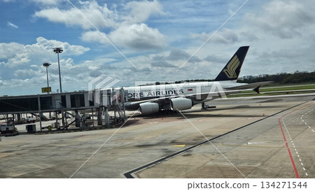 A Singapore Airlines jet stands at the gate with ground vehicles and cargo nearby, showcasing sleek design, global connectivity 134271544