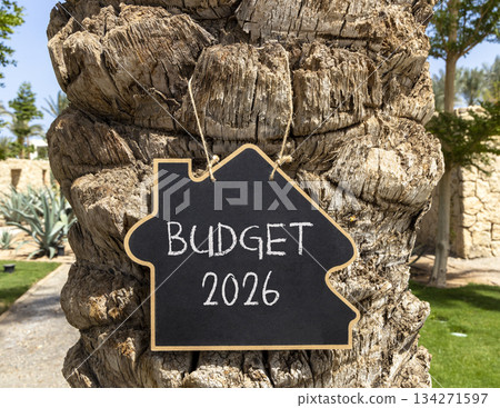Budget 2026 symbol. Concept words Budget 2026 on beautiful black blackboard. Beautiful palm tree palm-tree background. Business and budget 2026 concept. Copy space. Budget 2026 symbol. Concept words Budget 2026 on beautiful black blackboard. Beautiful palm tree palm-tree background. Business and budget 2026 concept. Copy space. 134271597