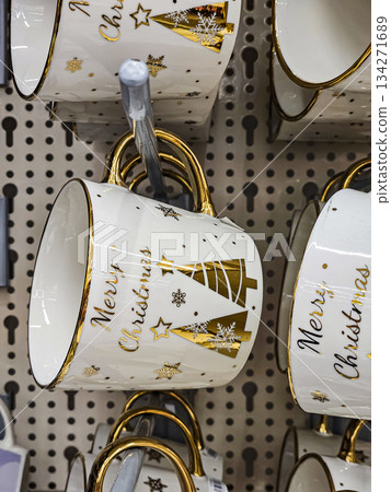 Close Up White Christmas Mug with Gold Pattern 134271689
