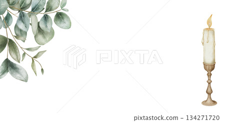 Watercolor illustration of a decorative frame made of eucalyptus branches with a candle in a vintage copper candlestick, isolated on white background. Perfect for cozy holiday decor, candle branding Watercolor illustration of a decorative frame made of eucalyptus branches with a candle in a vintage copper candlestick, isolated on white background. Perfect for cozy holiday decor, candle branding 134271720