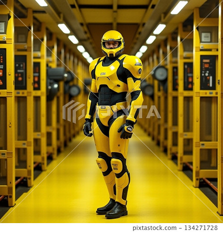 AI generated Armored security android positioned between server racks assessing 134271728