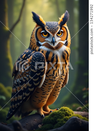 AI generated Intricate depiction of horned owl nestled within abundant moss under gentle AI generated Intricate depiction of horned owl nestled within abundant moss under gentle 134271992