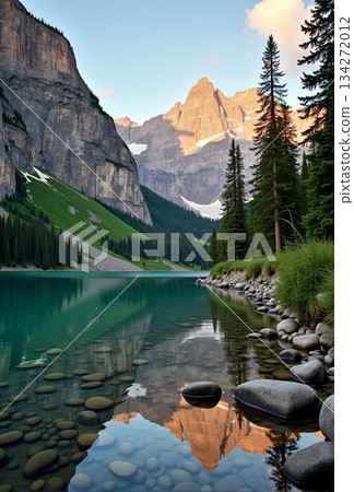 AI generated Mountain reflection in turquoise waters beyond lush evergreen silhouette AI generated Mountain reflection in turquoise waters beyond lush evergreen silhouette 134272012