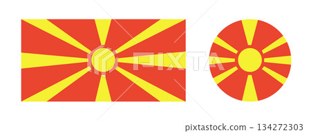 Flag of North Macedonia. North Macedonia Republic rectangular, round flag set. Circle, rectangle flag icon, badge, button, banner, backdrop 134272303
