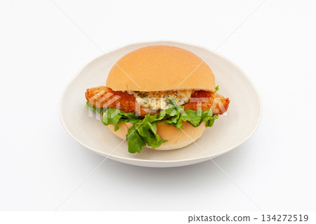 White fish tartar sauce burger on white background White fish tartar sauce burger on white background 134272519