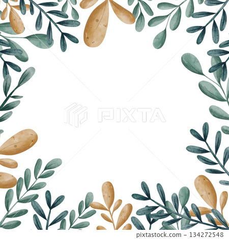 Watercolor botanical frame with green and ochre leaves on white background. Elegant hand-painted foliage border with copy space, perfect for invitations, cards, blogs and branding Watercolor botanical frame with green and ochre leaves on white background. Elegant hand-painted foliage border with copy space, perfect for invitations, cards, blogs and branding 134272548
