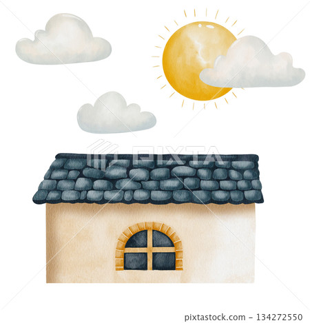Watercolor cottage with brick wall and dark blue tile roof under sunny sky and clouds. White background. Storybook landscape illustration for kids room decor and nursery wall art, greeting cards Watercolor cottage with brick wall and dark blue tile roof under sunny sky and clouds. White background. Storybook landscape illustration for kids room decor and nursery wall art, greeting cards 134272550