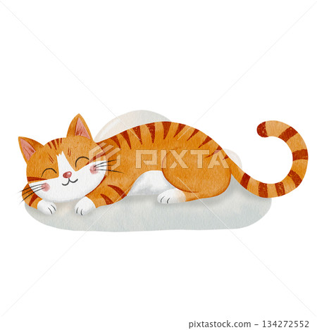 Cute watercolor illustration of sleeping ginger cat isolated on white background. Hand painted smiling kitten character, perfect for nursery design, children decor, prints, stickers, cozy pet themes Cute watercolor illustration of sleeping ginger cat isolated on white background. Hand painted smiling kitten character, perfect for nursery design, children decor, prints, stickers, cozy pet themes 134272552