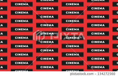 Seamless cinema pattern with film reel on red background, movie industry concept, classic film and entertainment wrapping paper design 134272560
