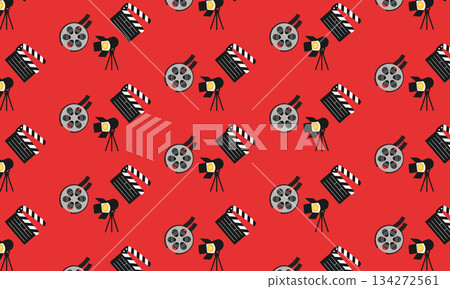 Seamless cinema pattern with film reel, movie camera and clapperboard on red background, film production and entertainment design 134272561
