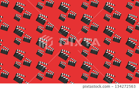 Seamless cinema pattern with movie clapperboard on red background, film production and filmmaking concept Seamless cinema pattern with movie clapperboard on red background, film production and filmmaking concept 134272563