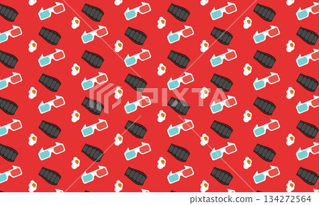 Seamless cinema pattern with film reel, 3D glasses and popcorn on red background, movie night and entertainment design 134272564