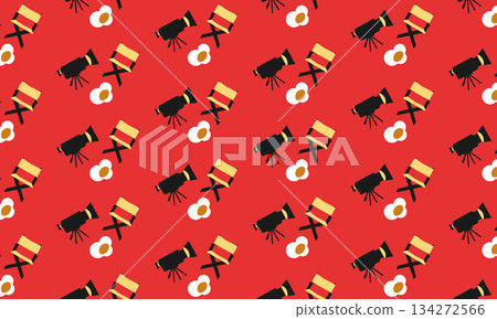 Seamless cinema pattern with movie camera, director chair and popcorn on red background, film production and entertainment concept 134272566