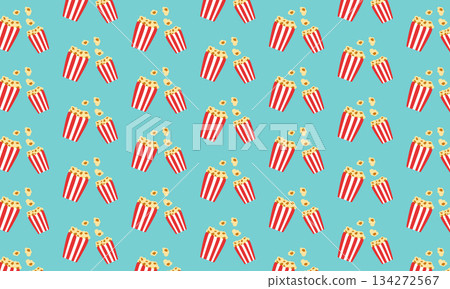 Seamless retro popcorn pattern on blue background, classic cinema snack design, movie night wrapping paper 134272567