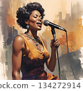 A black singer at the microphone in the middle of her performance. 134272914