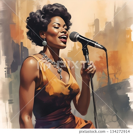 A black singer at the microphone in the middle of her performance. 134272914