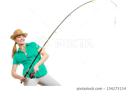 Woman with fishing rod, spinning equipment Woman with fishing rod, spinning equipment 134273114