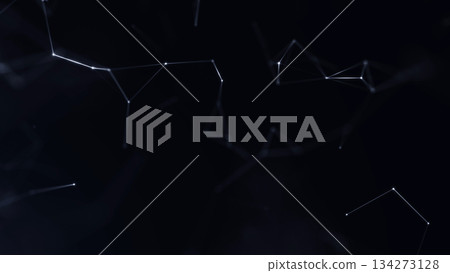 Minimal white data connection lines and dots forming abstract network structure in dark space. Clean futuristic background symbolizing technology, communication, artificial intelligence 134273128