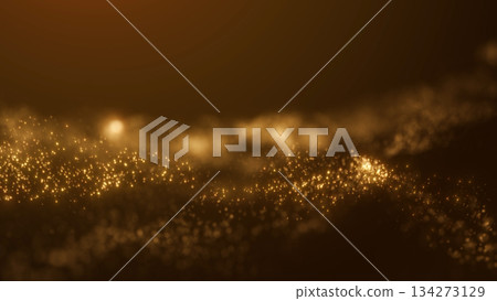 Luxury golden digital waves flowing across dark space with sparkling particles and soft depth. Elegant abstract background for premium branding, finance, success themes and cinematic motion design. 134273129