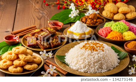 Sri Lankan New Year feast with Kiribath, Kavum, Kokis, and sweets on a wooden table for Aluth Avurudu. 134273146