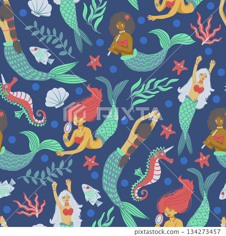 Seamless mermaid vector pattern with playful ocean elements, fantasy underwater girls and sea creatures 134273457