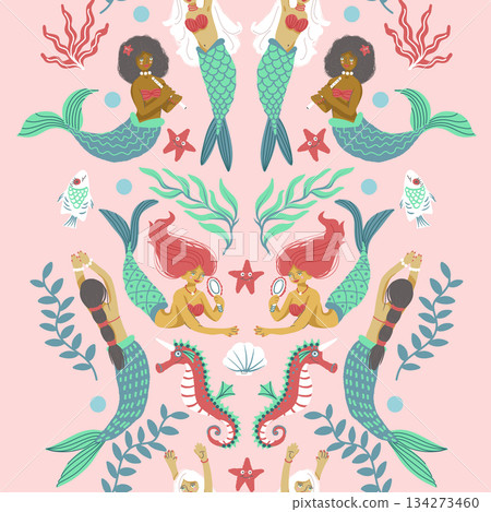Seamless mermaid vector pattern with playful ocean elements, fantasy underwater girls and sea creatures 134273460