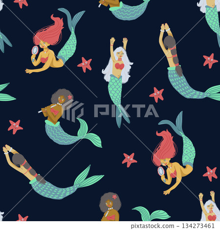 Seamless mermaid vector pattern with playful ocean elements, fantasy underwater girls and sea creatures Seamless mermaid vector pattern with playful ocean elements, fantasy underwater girls and sea creatures 134273461