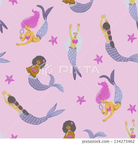 Seamless mermaid vector pattern with playful ocean elements, fantasy underwater girls and sea creatures 134273462