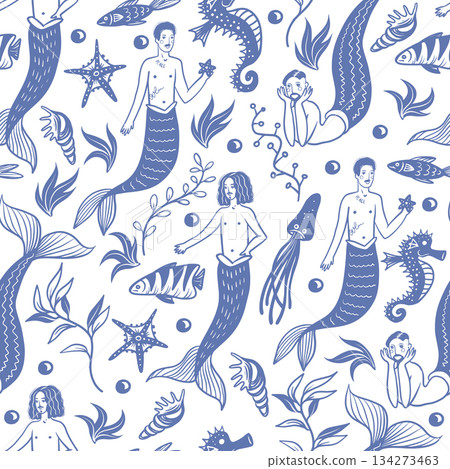 Mermaid man ocean fantasy pattern with sea creatures vector seamless nautical illustration design 134273463