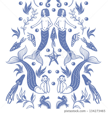 Mermaid man ocean fantasy border with sea creatures vector nautical illustration design Mermaid man ocean fantasy border with sea creatures vector nautical illustration design 134273465