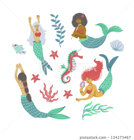 Mermaid isolated vector illustration set with ocean elements, playful characters, sea fantasy decor Mermaid isolated vector illustration set with ocean elements, playful characters, sea fantasy decor 134273467