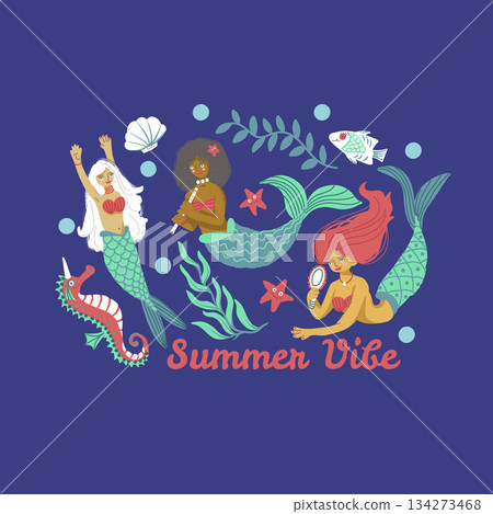Mermaid isolated vector illustration set with ocean elements, playful characters, sea fantasy decor 134273468
