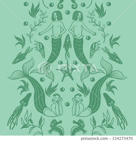 Mermaid man ocean fantasy border with sea creatures vector nautical illustration design 134273470