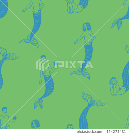 Mermaid man ocean fantasy pattern with sea creatures vector seamless nautical illustration design Mermaid man ocean fantasy pattern with sea creatures vector seamless nautical illustration design 134273481