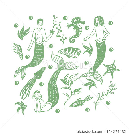 Mermaid man fantasy ocean illustration with sea creatures plants decorative vector isolated design set Mermaid man fantasy ocean illustration with sea creatures plants decorative vector isolated design set 134273482