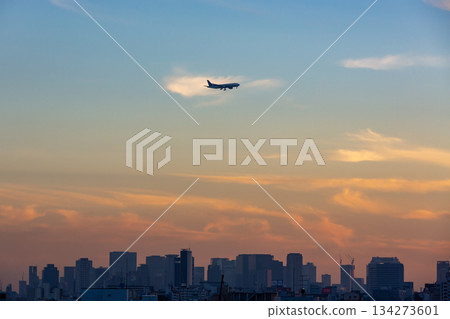 黃昏時的大阪城市景觀與飛機 134273601
