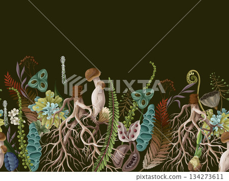 Rewild moss root organic soil earthy raw botanical elements eco border vector pattern design Rewild moss root organic soil earthy raw botanical elements eco border vector pattern design 134273611