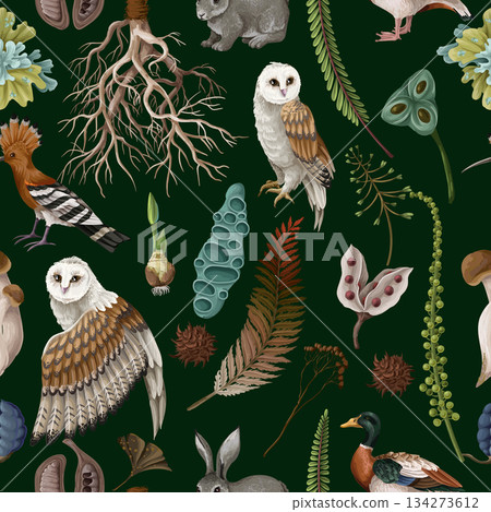 Rewild organic owl vector pattern with earthy moss root elements in raw seamless nature 134273612