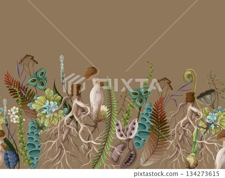 Rewild moss root organic soil earthy raw botanical elements eco border vector pattern design 134273615