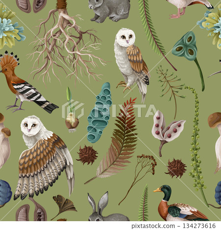 Rewild organic owl vector pattern with earthy moss root elements in raw seamless nature Rewild organic owl vector pattern with earthy moss root elements in raw seamless nature 134273616