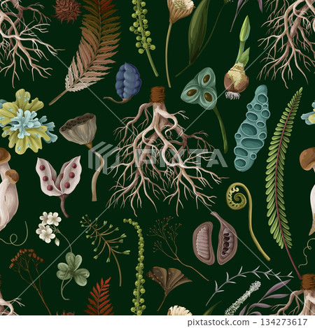 Rewild moss root organic soil earthy raw botanical elements eco seamless vector pattern design 134273617