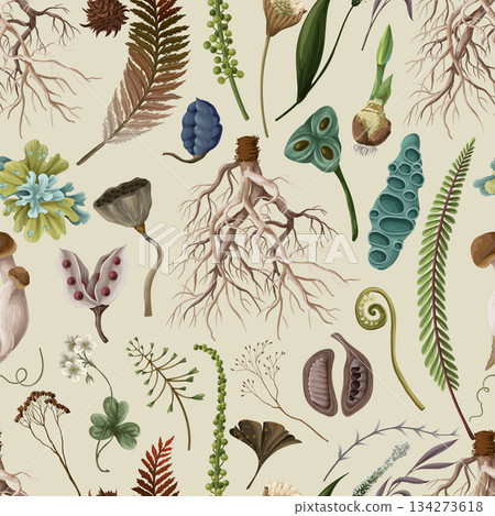 Rewild moss root organic soil earthy raw botanical elements eco seamless vector pattern design Rewild moss root organic soil earthy raw botanical elements eco seamless vector pattern design 134273618