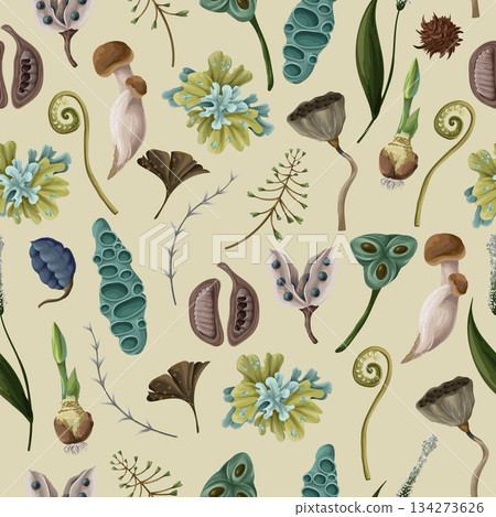 Rewild moss root organic soil earthy raw botanical elements eco seamless vector pattern design 134273626