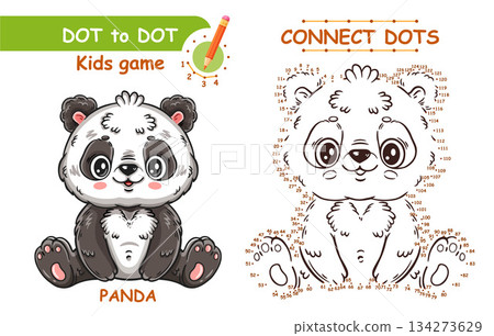 Cute baby panda bear, connect dots number children education puzzle game. Funny Chinese wild animal character. Draw picture join dotted line. Coloring book page. Kid logical learning worksheet vector Cute baby panda bear, connect dots number children education puzzle game. Funny Chinese wild animal character. Draw picture join dotted line. Coloring book page. Kid logical learning worksheet vector 134273629