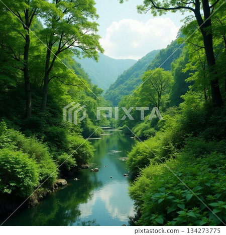 AI generated Quiet mountain waterway surrounded by dense greenery and distant peaks AI generated Quiet mountain waterway surrounded by dense greenery and distant peaks 134273775