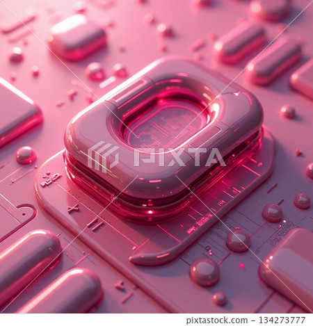 AI generated Neon reflections highlight glossy pink button resting on detailed PCB surface AI generated Neon reflections highlight glossy pink button resting on detailed PCB surface 134273777